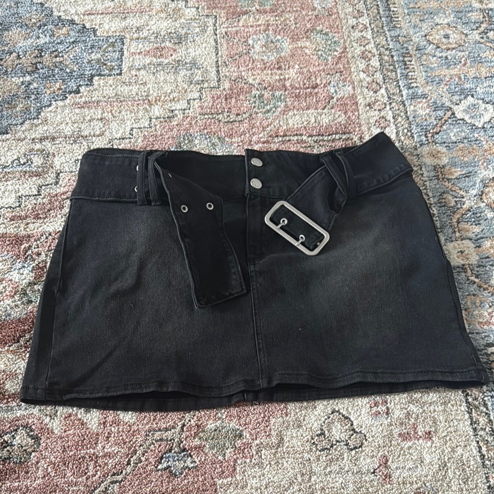 Black Denim Mini Skirt with Belt